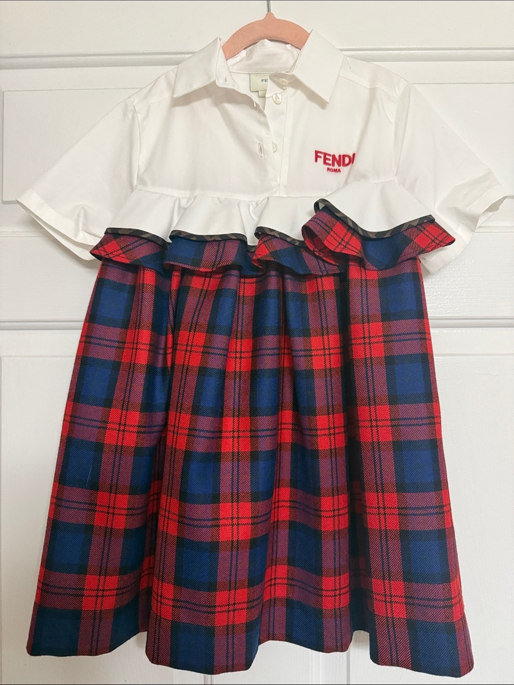 Fendi White Polo and Red & Navy Plaid Ruffle Dress